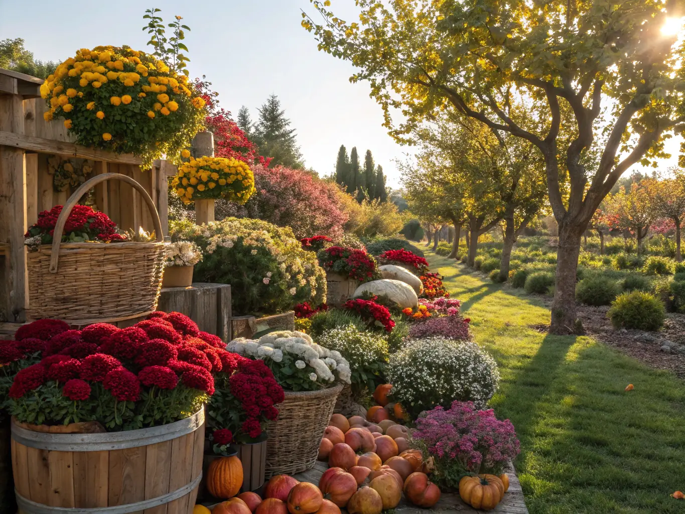 A wide shot of the seasonal flower display, showcasing a riot of colors and textures, attracting visitors to the botanical garden.